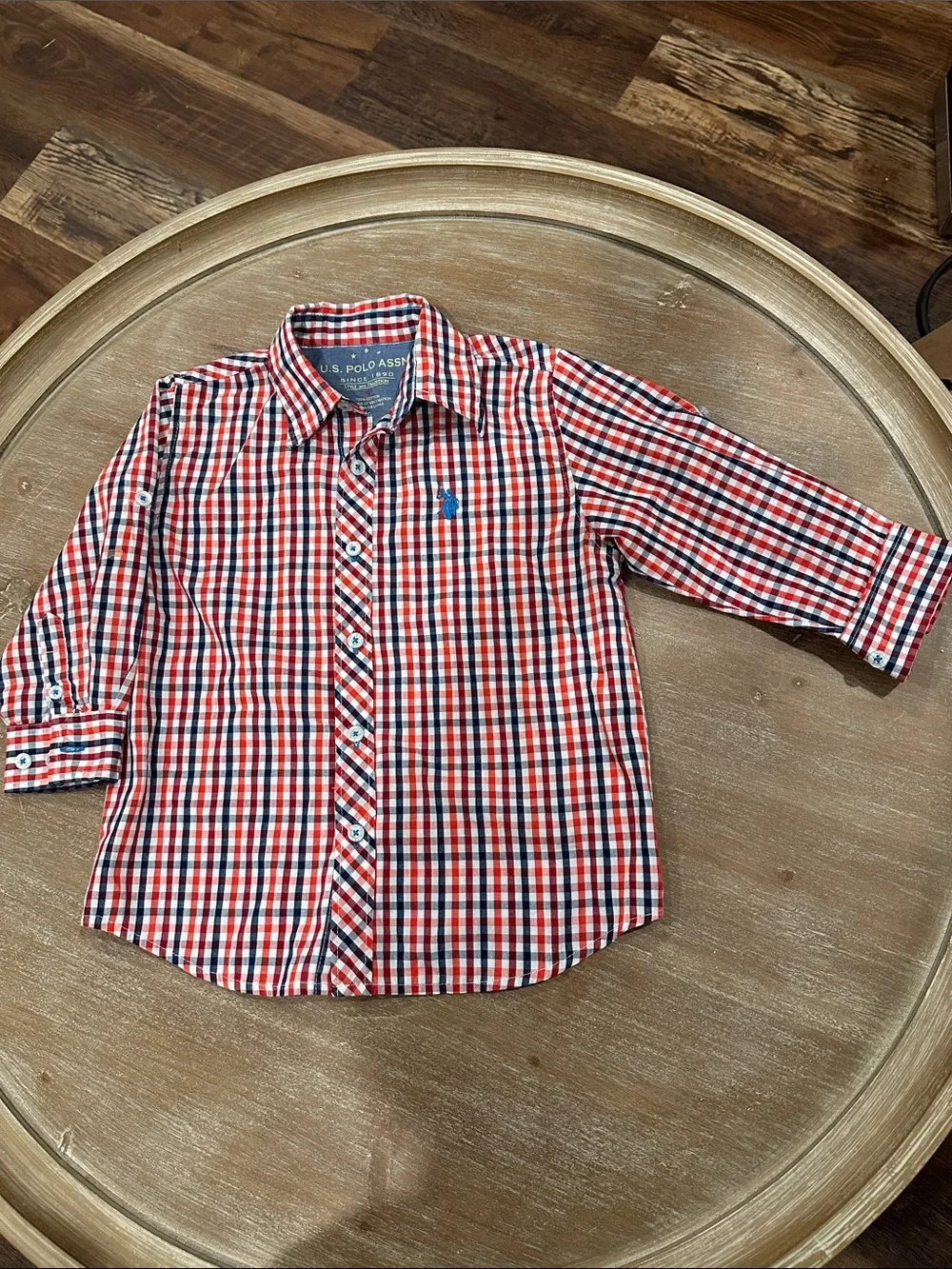U.S. Polo Assn. Boys Size 4 Plaid Button Down Shirt Long Sleeve Red Navy